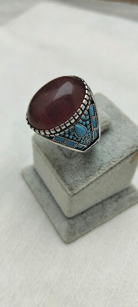 925 Ayar Gümüş Doğal Bordo Akik Taşlı Mavi Mineli Erkek Yüzük – 9,5 Gr - 3