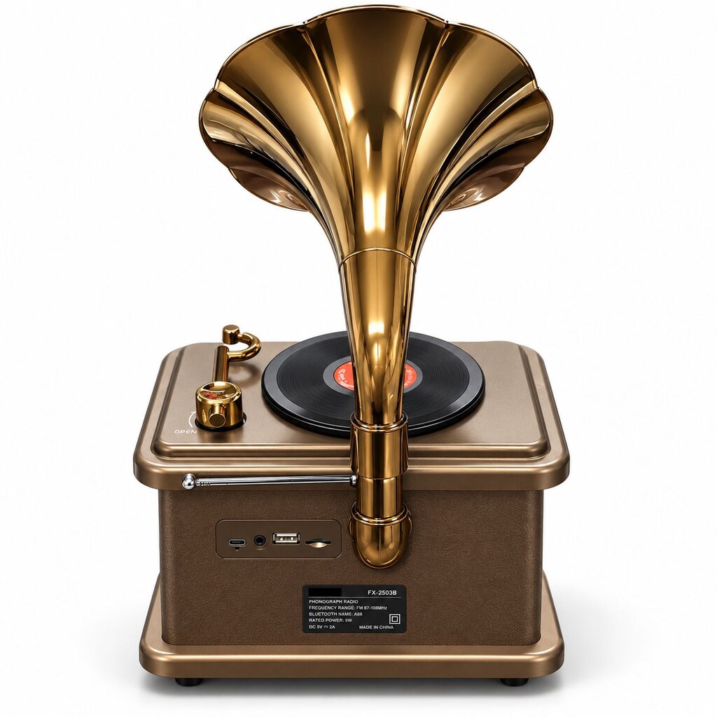 Büyük Boy Retro Gramofon Tasarımlı Bluetooth Hoparlör ve 3 Bant Radyo - 5