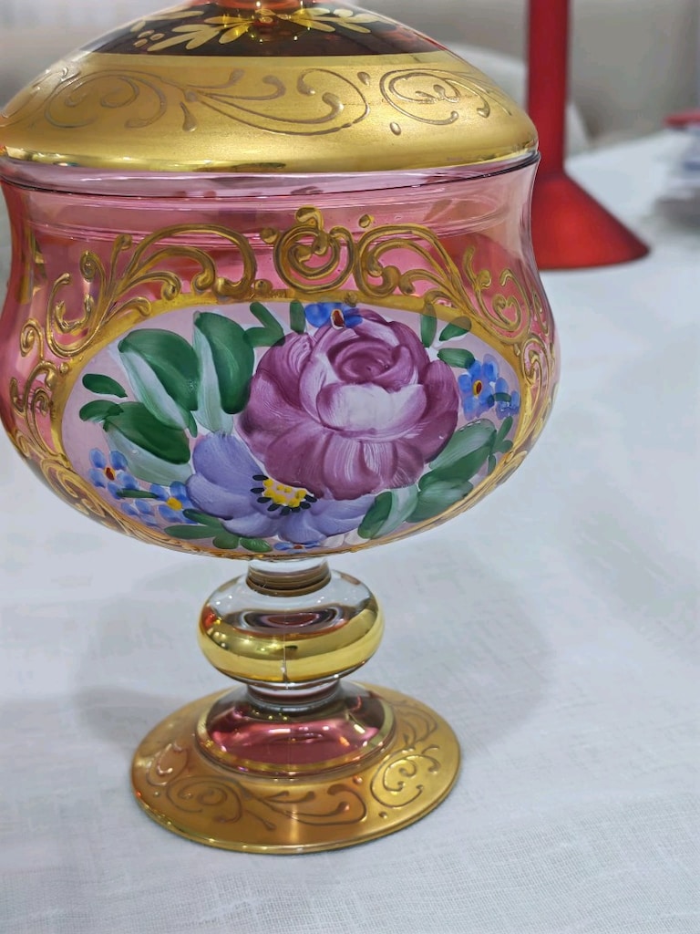 Kusursuz El Boyaması Vintage Bohem Kristal Set Vazo & Şekerlik - 10