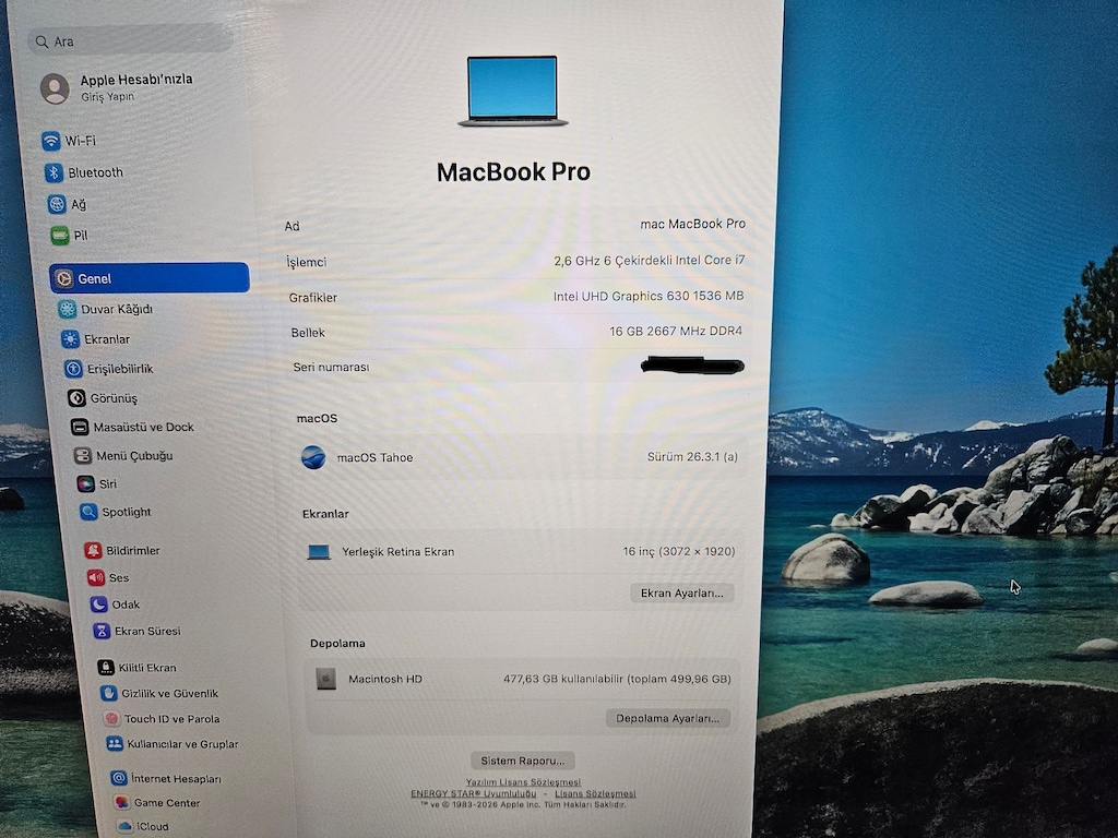 MACBOOK PRO +16 İNÇ+i7 +16 GB RAM+500 GB SSD+ PİL DEVRİ 260 - 8