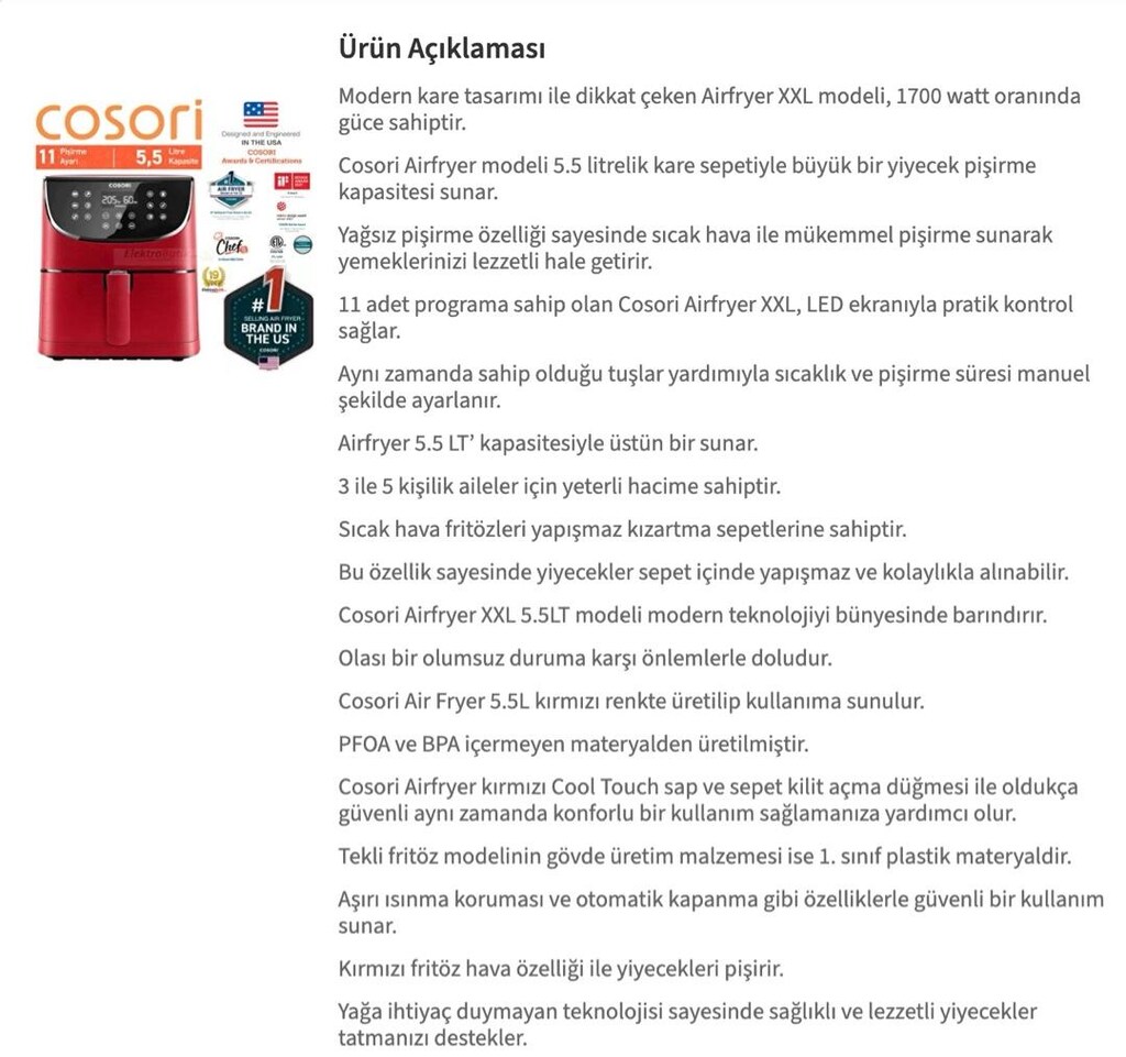 COSORI AirFryer Büyük Boy Yagsız hava fritözü - 2