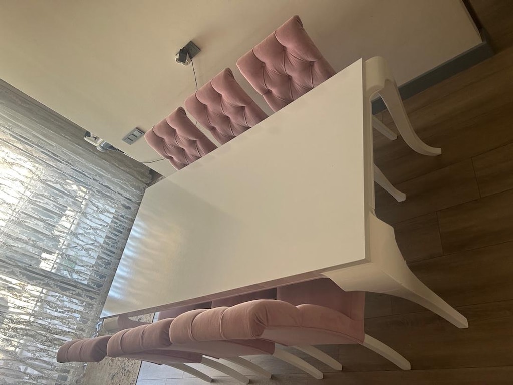 Kapitone Pembe Kadife & Parlak Beyaz Yemek Masası Seti - 4