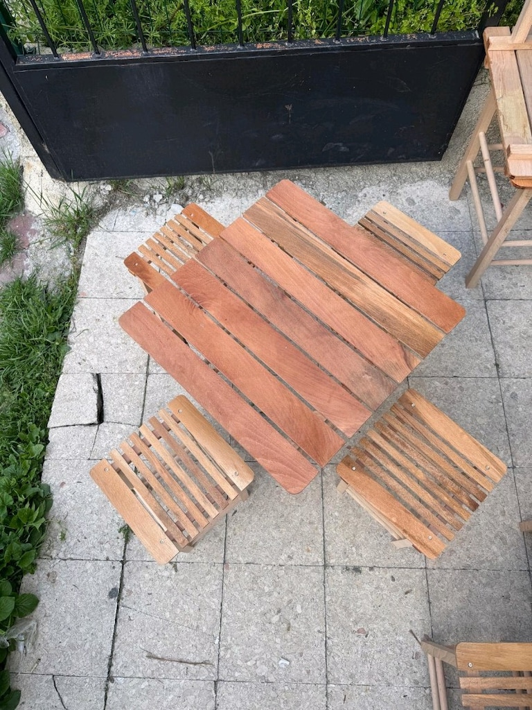 Ahşap gürgen Ağacından katlanır masa ve tabure takım vernikli - 8