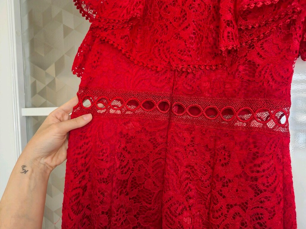 Komple Dantel İşlemeli Bel Dekolteli Kırmızı Abiye Elbise - 5