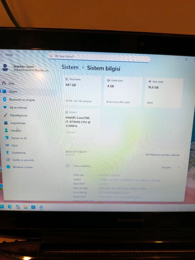 Lenovo y50 GAMİNG RGB 512 SSD 16 ram 4 GB - 11