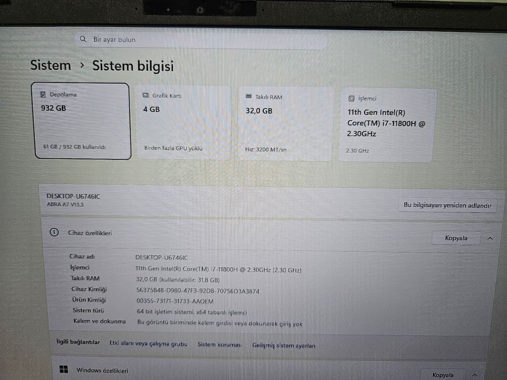 MONSTER İ7 11.NESİL+ BÜYÜK EKRAN 17.3 + 32 GB RAM + 1 TB SSD - 8