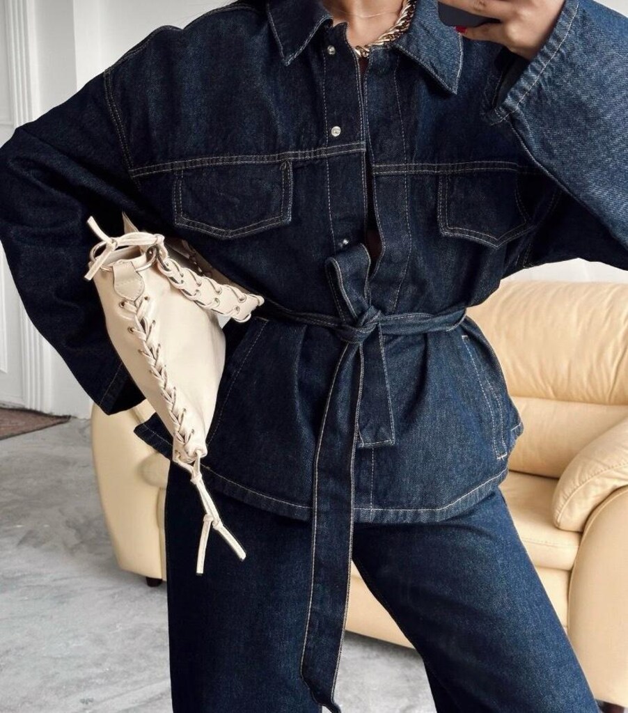 Koyu lacivert Bağlamalı Denim Takım Ceket ve Yüksek bel pantolon - 3