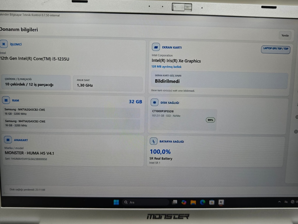 Monster Huma H5 V4.1 i5-1235U 32 GB RAM 1 TB SSD 15.6 İnç Laptop - 6