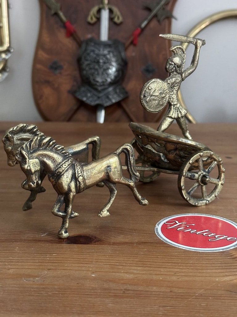 Vintage Yunan 70'ler Antik Savaş Arabası ve Gladyatör Figürü - 3