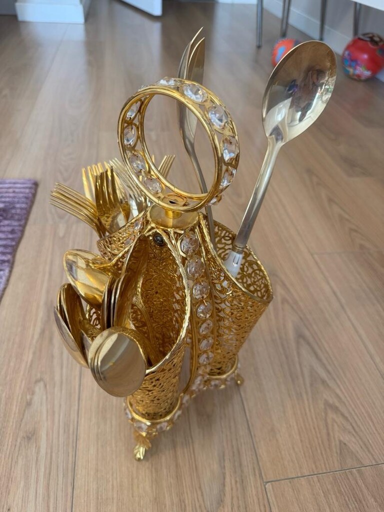 Gold 12 kişilik çatal kaşık servis kaşıkları ve kaşıklık - 7