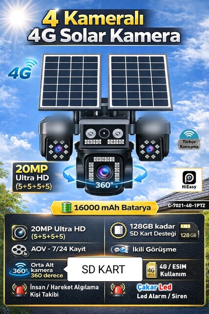 4 kamera 5mp sim kart gidişle SD karta kayıt sesli alarmlı