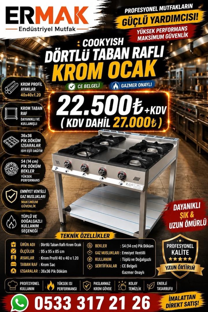 Cookyish Dörtlü Taban Raflı Krom Ocak,95×95×85 cm ölçü - 3