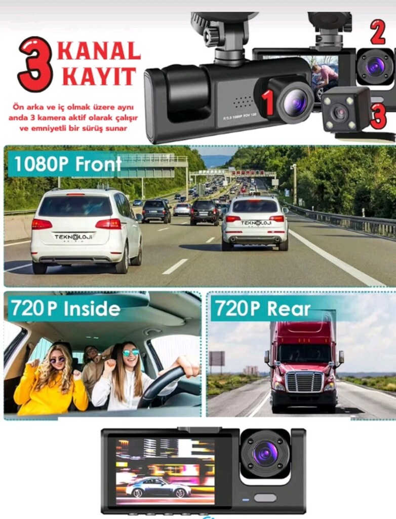 araç içi kamera 3 kameralı ön iç ve arka 7/24 kayıt wifi destekli - 2