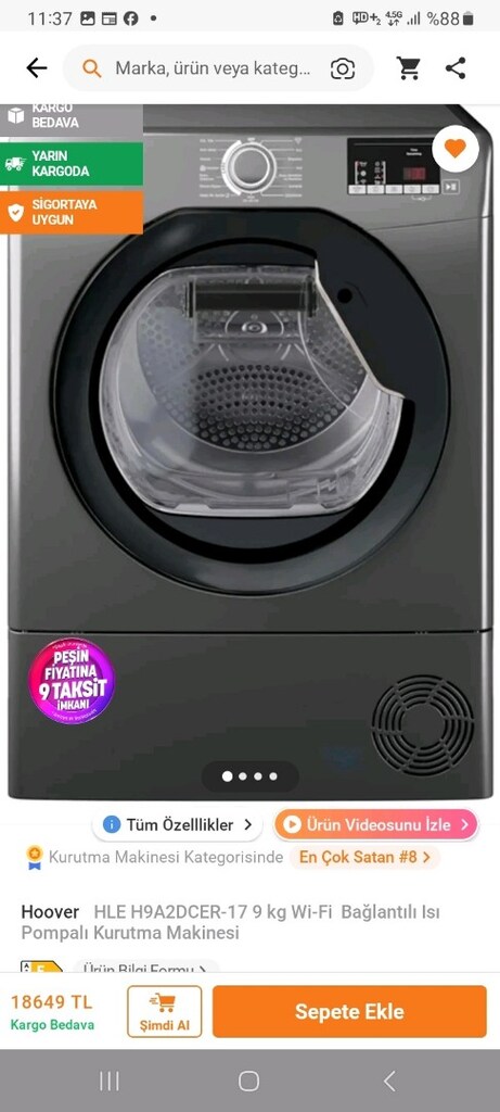 HOOVER Wİ-Fİ BAĞLANTILI ISI POMPALI KURUTMA MAKİNESİ GARANTİLİ