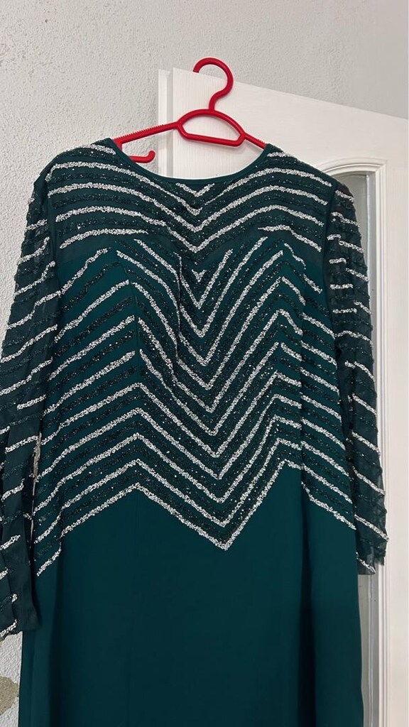 Zümrüt Yeşili Zigzag Desenli Uzun Elbise - 3