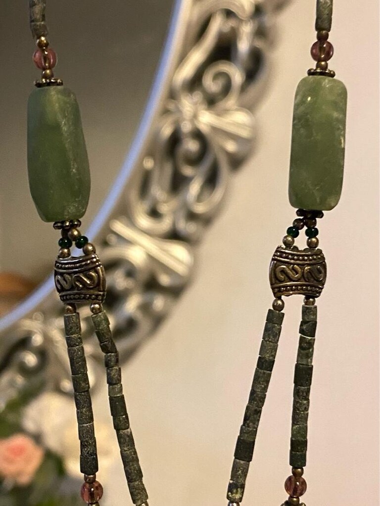 Vintage El Yapımı Yeşim Taşı & Pembe Kuvars Kolye - 8