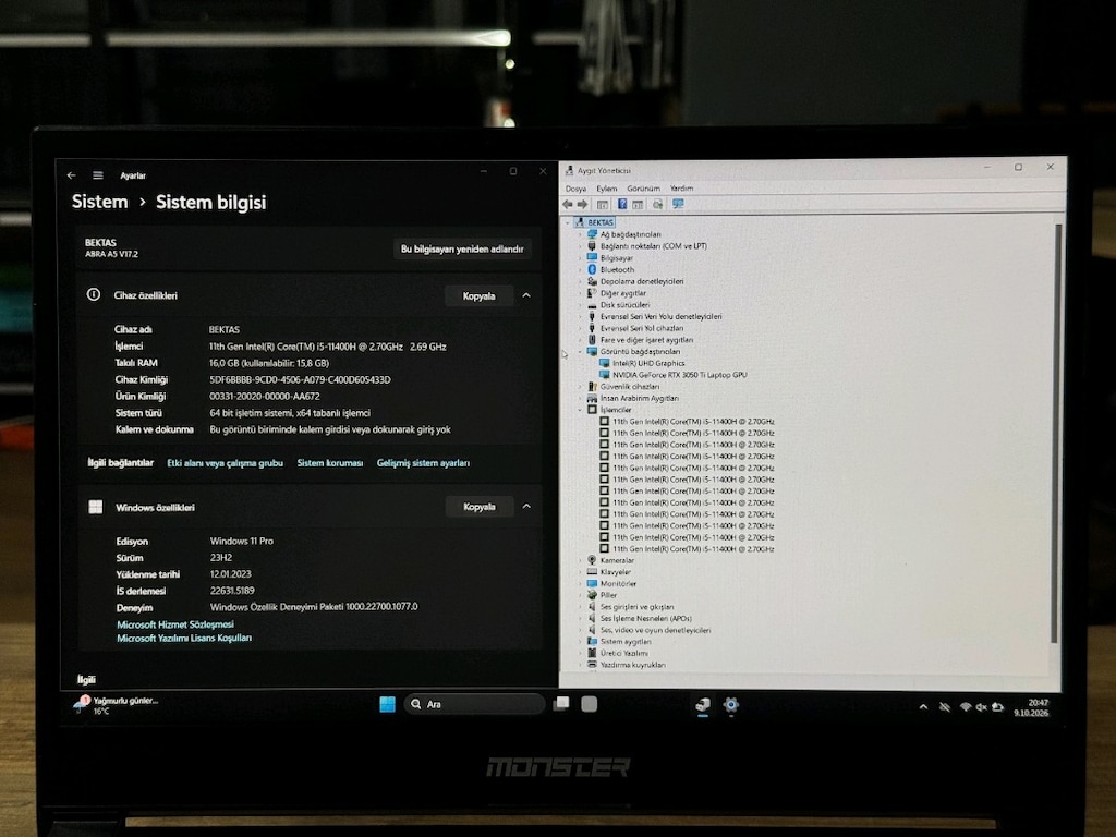 MONSTER RTX 3050TI İ5 11400F 16GB RAM 512 M2SSD TEMİZ LAPTOP - 6