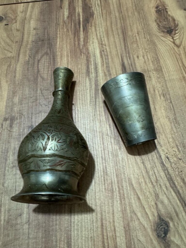 Antika İşlemeli Metal Sürahi ve Bardak Seti - 6