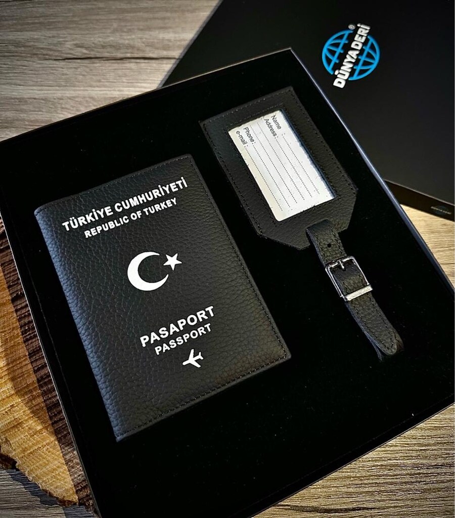 Deri Pasaport Kılıfı, Deri Pasaport Kabı Cüzdanı Bagaj Etiket 2’li Set - 8
