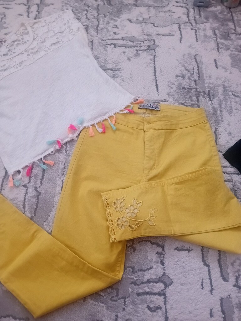 keten kot yuksel bel pantolon ve puskullu buluz - 2