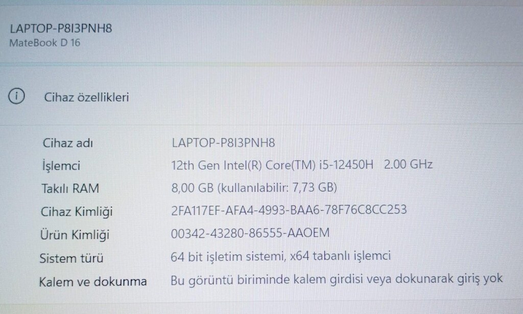 Sıfır Huawei MateBook D16 | i5-12450H | 16" IPS | 2 Yıl Garanti - 8