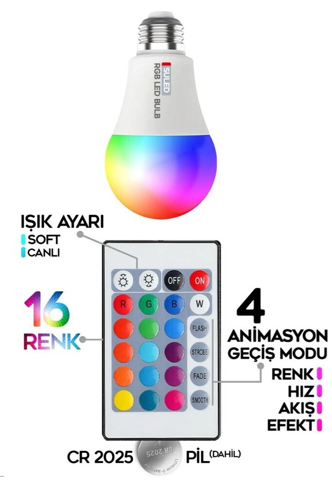 9W RGB KUMANDALI LED AMPUL ÇOK RENKLİ - 3