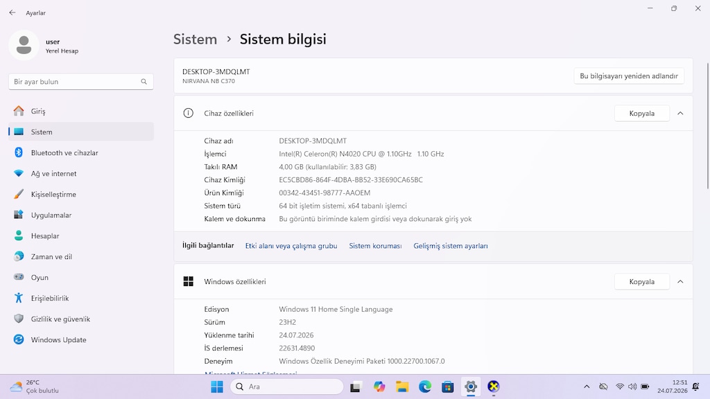CASPER NİRVANA NB C370 CELERON N4020 4 GB RAM 128 GB SSD TEMİZ - 9