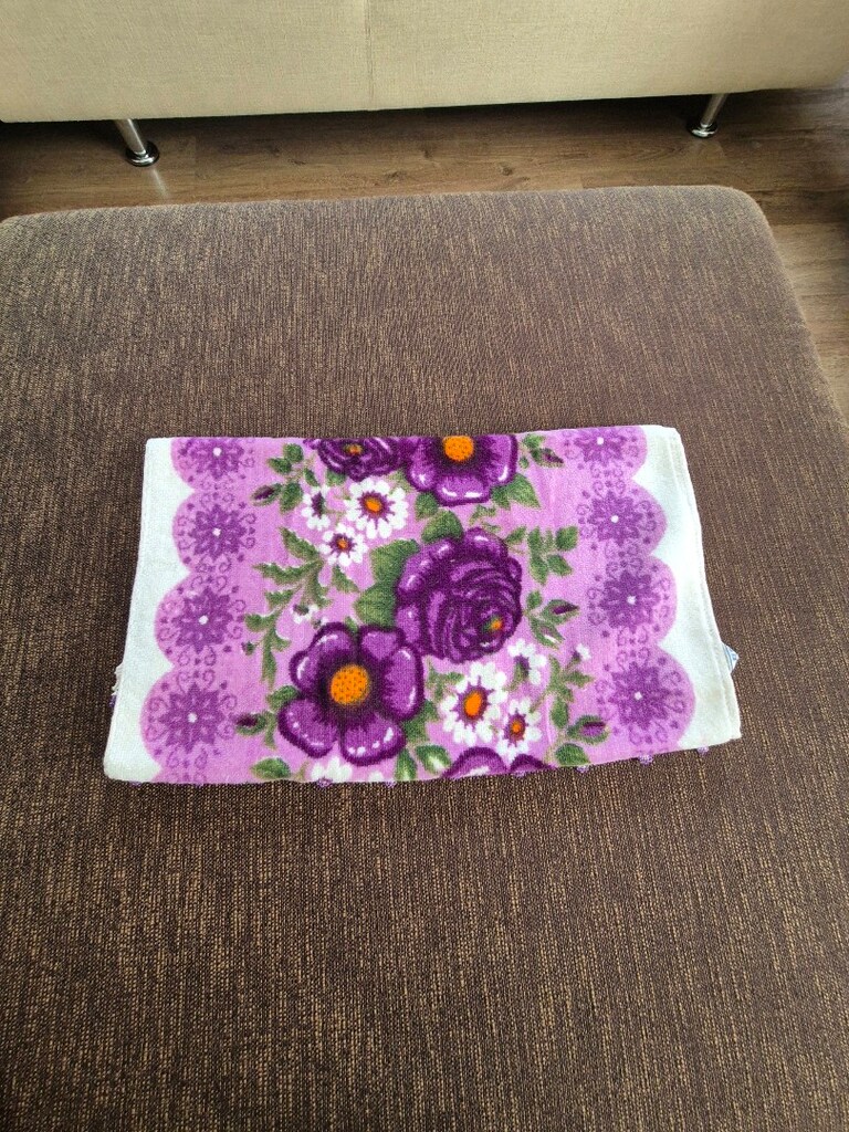 Antika Çeyizlik Dantelli Mor Çiçekli Desenli Havlu - 9