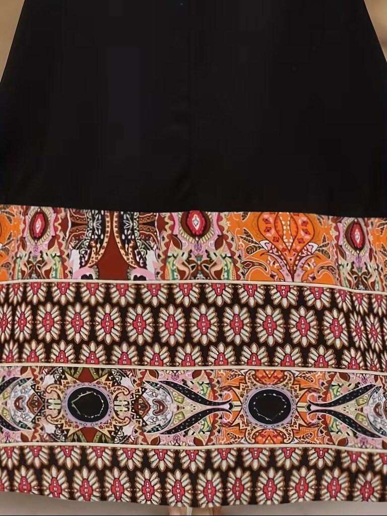 B132 Tüm Mevsimler için Uzun Kollu V-yaka Vintage Desenli Tunik Elbise — görsel 5/5