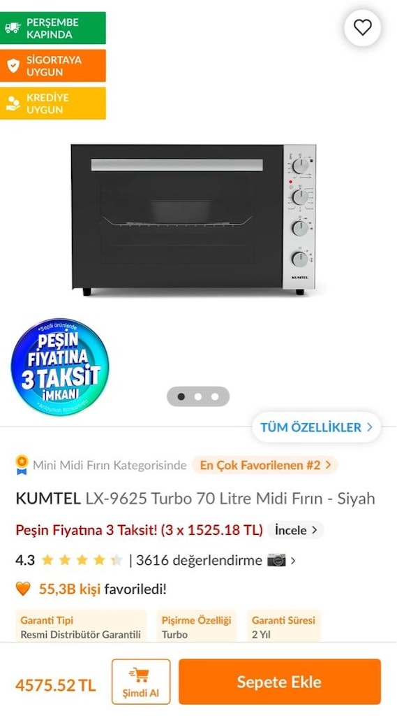 Kumtel LX-9625 Turbo 70 Litre midi siyah fırın - 2