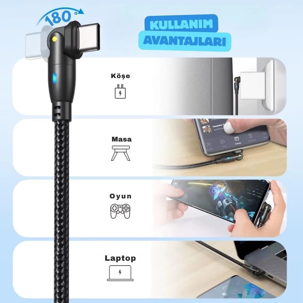 1 Metre 60/100W Type-C Erkek 180° Döner Uç Hızlı Şarj Data Kablo - 8