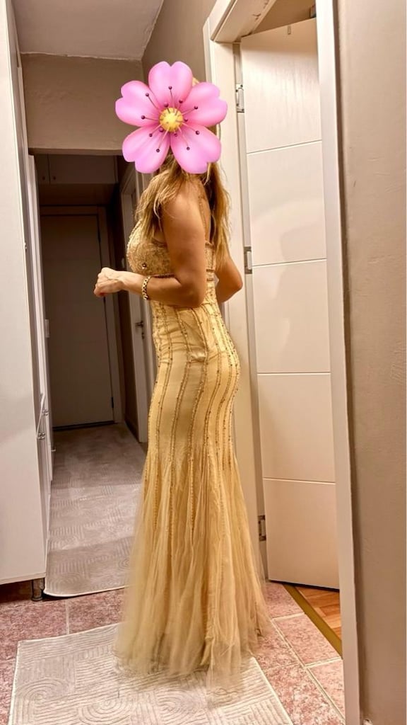 şampanya rengi tül abiye elbise - 3