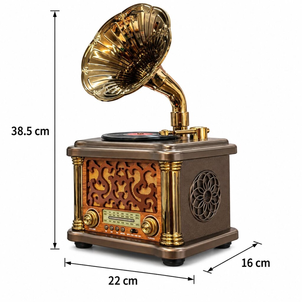 Büyük Boy Retro Gramofon Tasarımlı Bluetooth Hoparlör ve 3 Bant Radyo - 2
