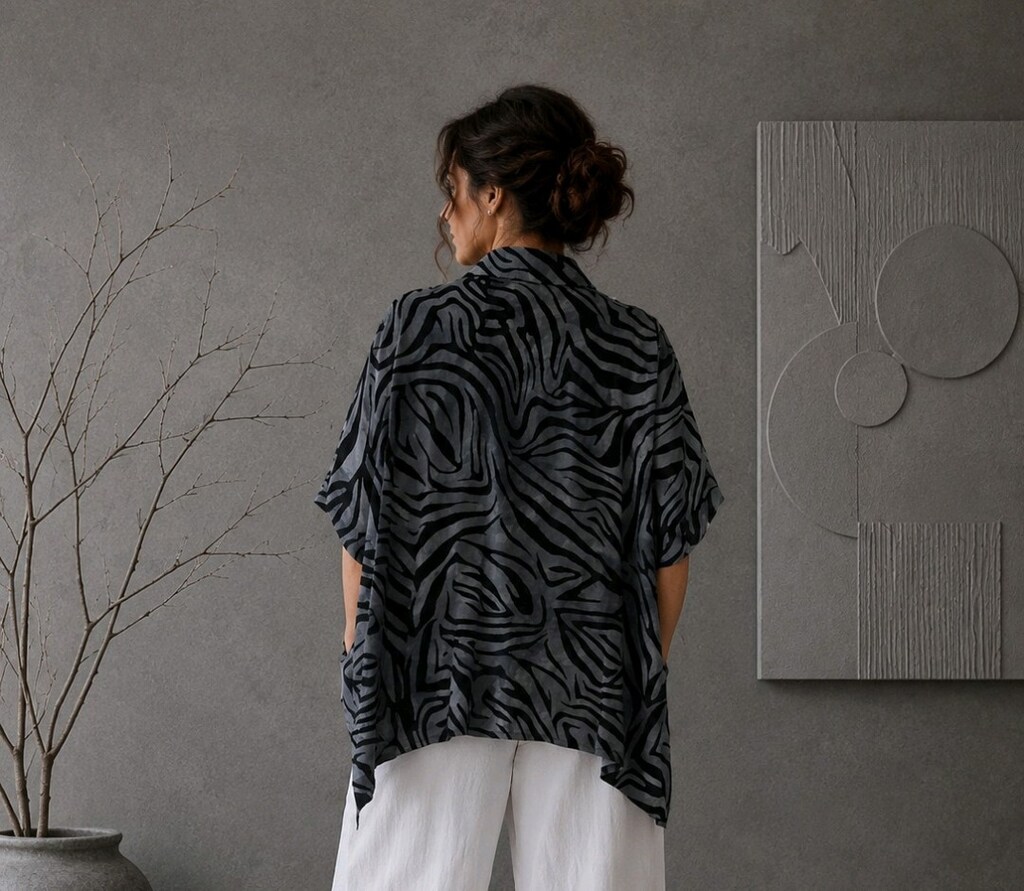 XL-3XL Zebra Desenli Rahat Kesim Kısa Kollu Kadın Gömlek - 4