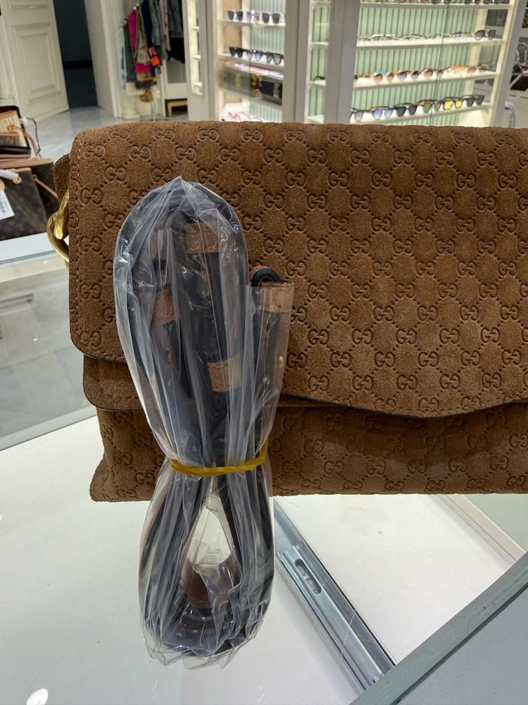 Gucci GG Monogram Süet Taba Omuz Çantası - 13