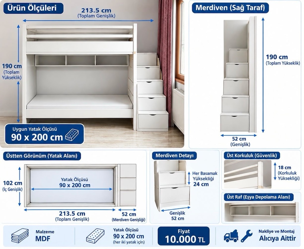 Satilik 2 kisilik MDF temiz ranza-merdivenli, çekmeceli - 7