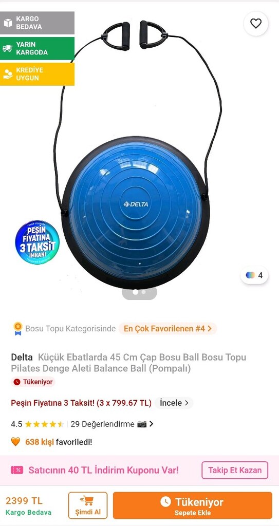 Pilates Denge Topu Denge Aleti (Mavi) 46 cm Bosu Topu - 3