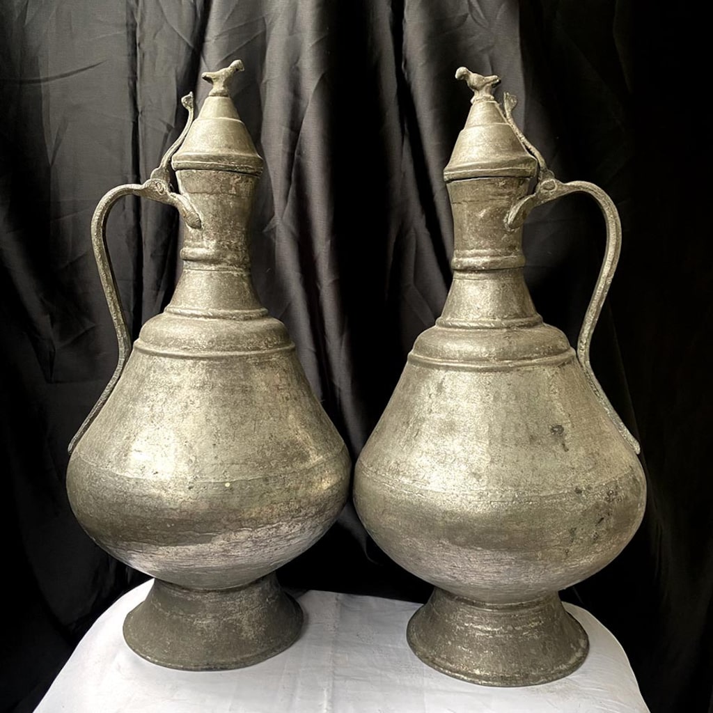 1960 Afyon Dövme Bakır "Kuşlu" Gelin Güğümü Seti - 5