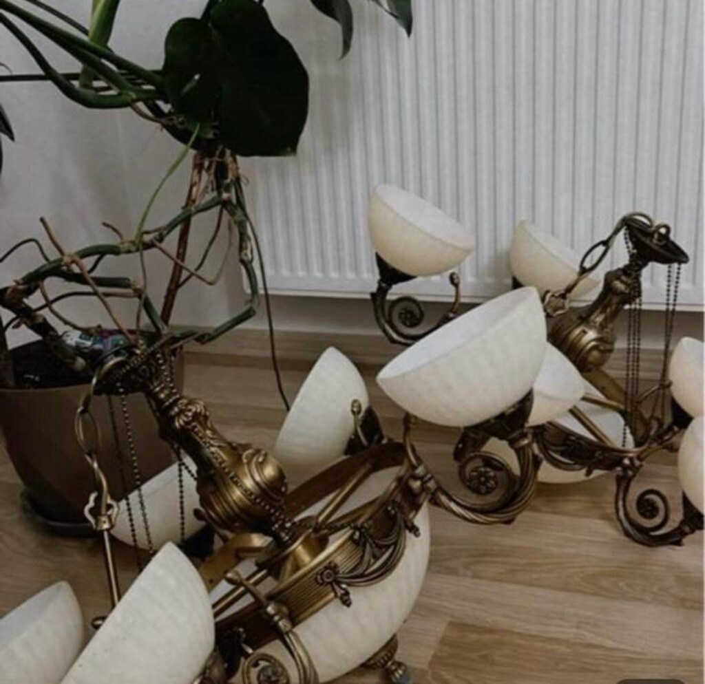 Vintage Ağır Pirinç Döküm Salon Avizeleri(2Adet Çanak+ 1Adet Kristal - 7
