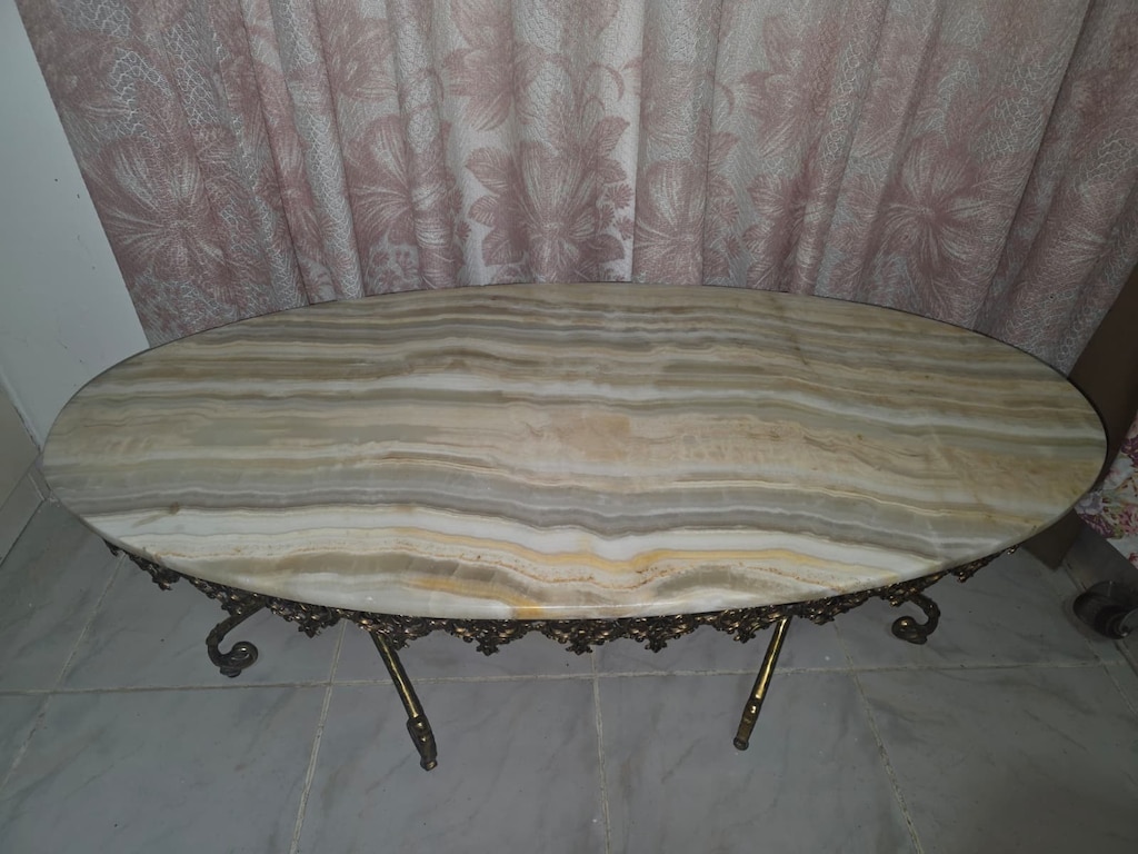 Antika / Vintage Pirinç Döküm Gövdeli Oniks Mermer 3'lü Sehpa Takımı - 3