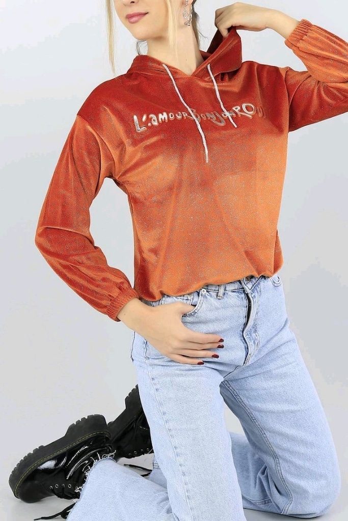 Destina Gofre Baskı Taba Kadife Sweatshi