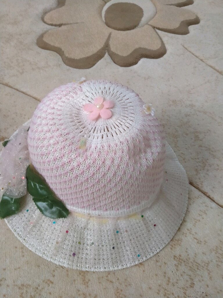 şapka hasır beyaz pembe desenli - 2