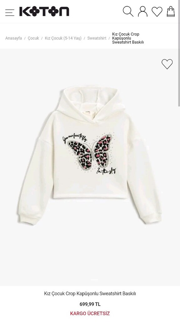 KIZ ÇOCUK CROP KELEBEK SWEAT EŞOFMAN ÜST 6 7 YAŞ KOTON - 2