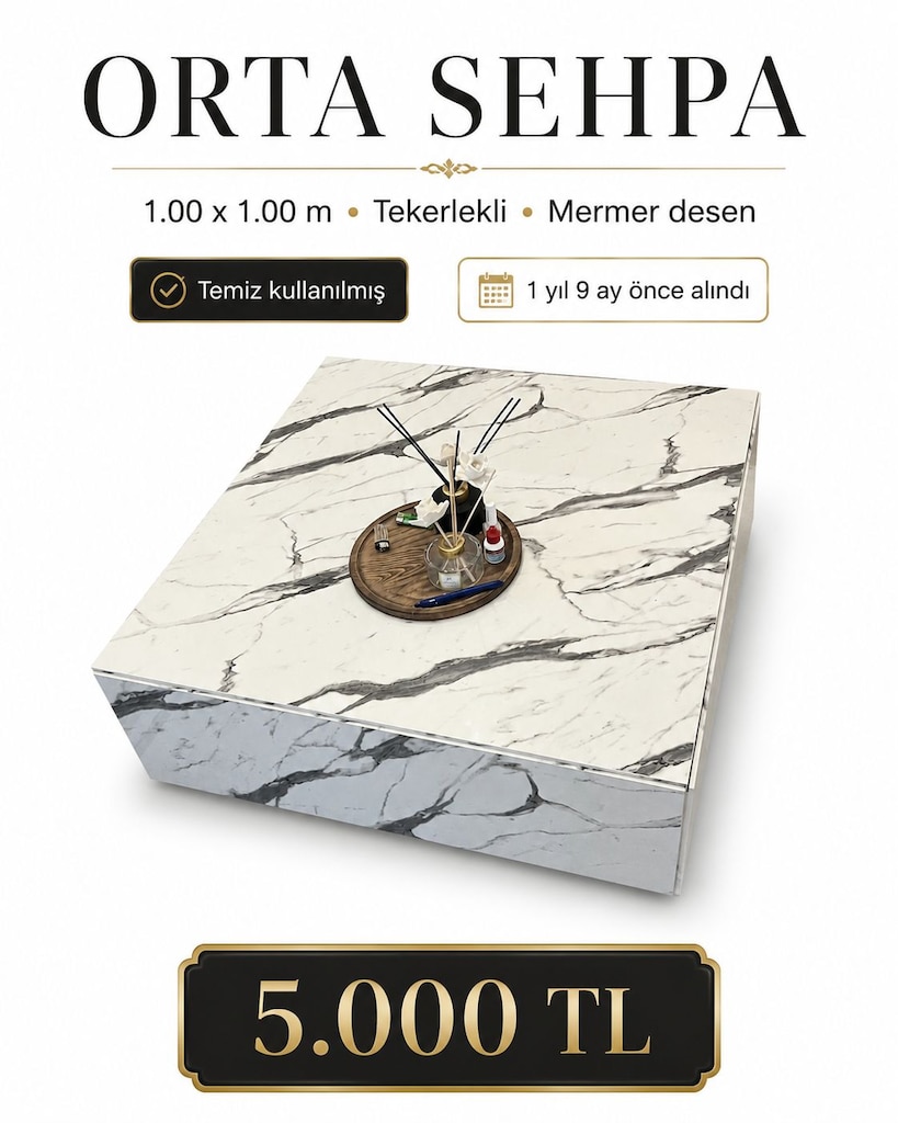 Mermer Desenli Tekerlekli Ahsap Orta Sehpa 100x100 cm