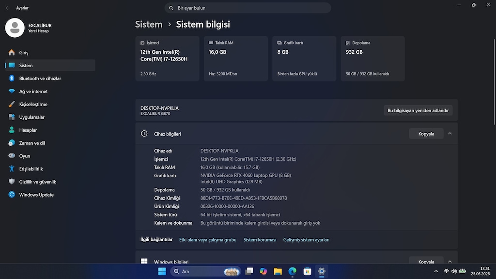 CASPER EXCALİBUR G870 İ7-12650H 16 RAM 1 TB SSD RTX 4060 144 HZ - 8