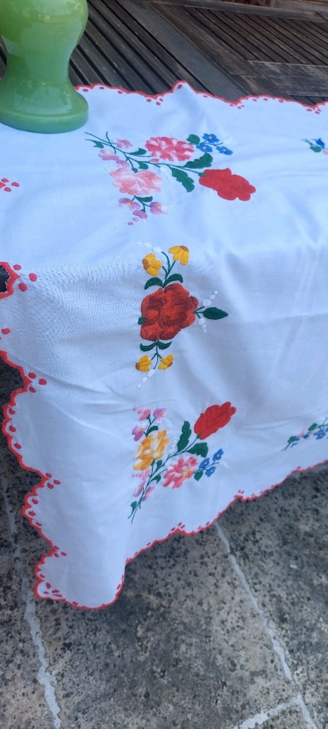 MASA ÖRTÜ 140/95 AVRUPA NAKIS BEYAZ KETEN ÜZERİ SARMA NAKIŞI VİNTAGE - 6