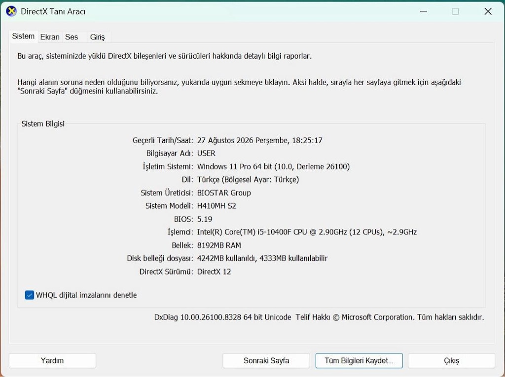 `İ5 10400F 6C/12T | 8GB RAM | 1TB+240GB SSD | TEMİZ OFİS/OYUN PC` - 8