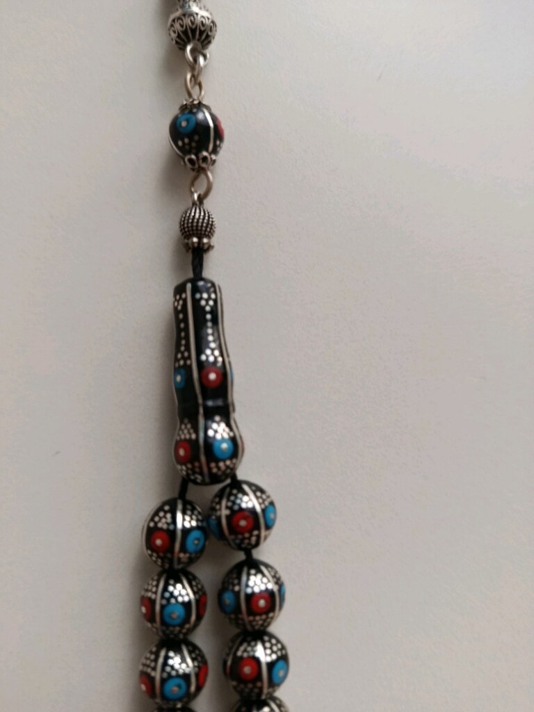 bordo-mavi gümüş işlemeli erzurum Oltu taşlı tesbih - 5