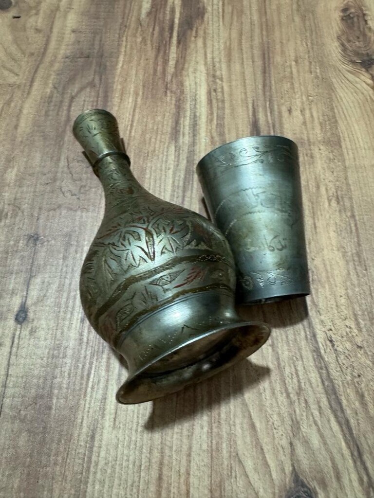 Antika İşlemeli Metal Sürahi ve Bardak Seti - 8