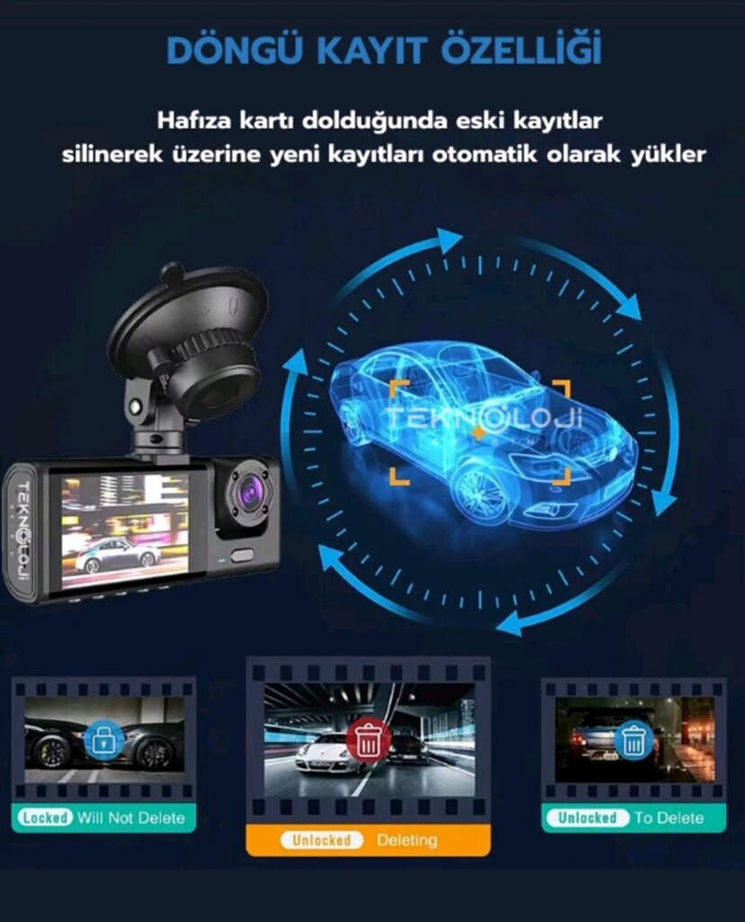 araç içi kamera 3 kameralı ön iç ve arka 7/24 kayıt wifi destekli - 6